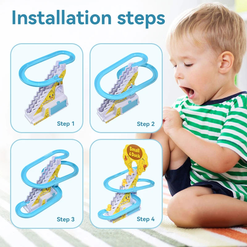 Climbing Stairs Track Toys Electric Duck DIY Rail Racing Track Roller Coaster Toys Set Light Music Educational Toy for Kids Gift