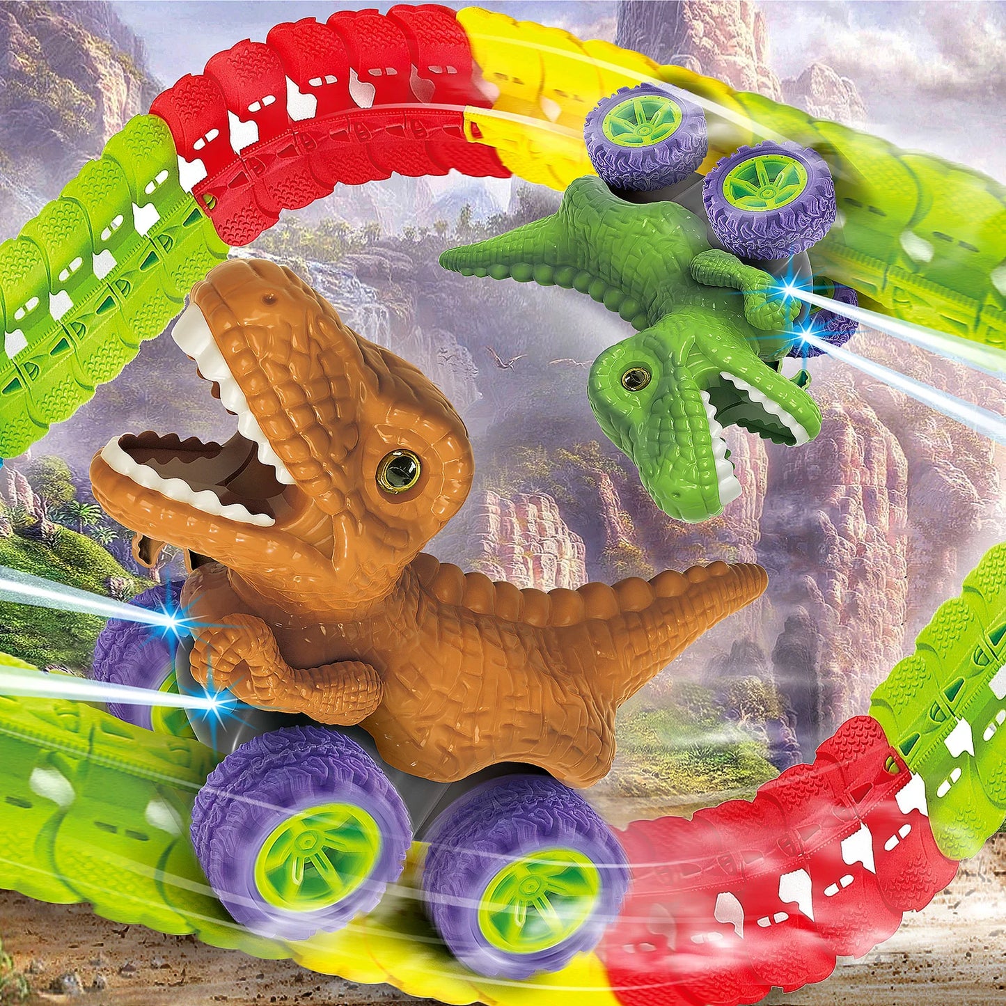 "Ultimate Dinosaur Track Cars Set - Flexible LED Light & Sound Race Car with Anti-Gravity Track - Perfect Gift for Kids!"