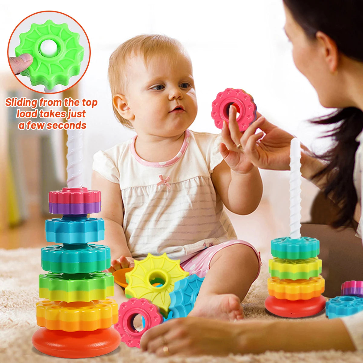 Montessori Rotating Rainbow Tower Baby Stacking Puzzle Toys Safety and Environmental Protection Colored Children'S Toys