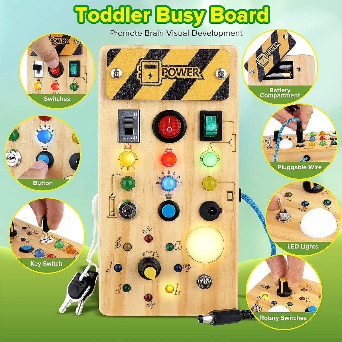 Montessori Busy Board Sensory Toys Wooden with LED Light Switch Control Board Travel Activities Children Games for 2-4 Years Old