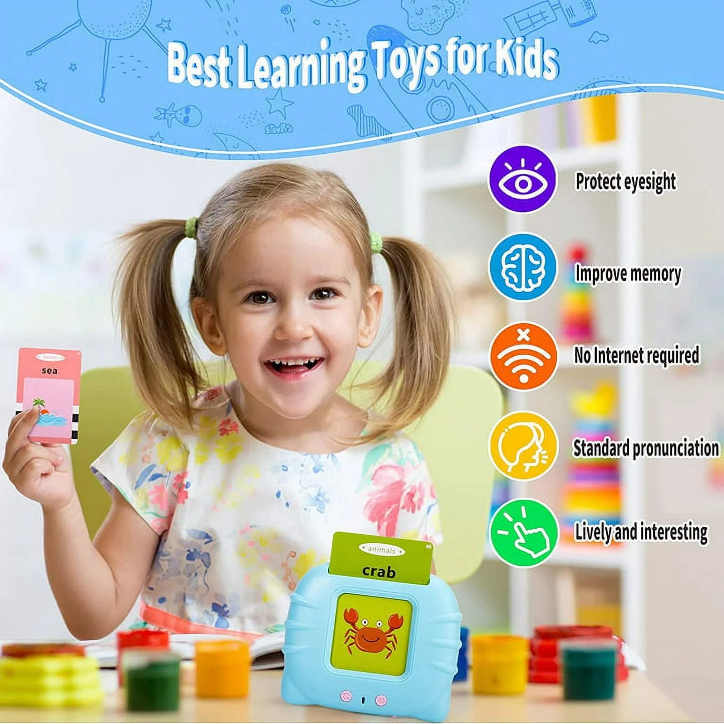 Talking Flash Cards Speech Therapy Toys-224 Sight Words Montessori Preschool Educational Learning Pocketspeech Development Toy for Toddler, Learning Pocket Speech Audible Flashcards (Blue)