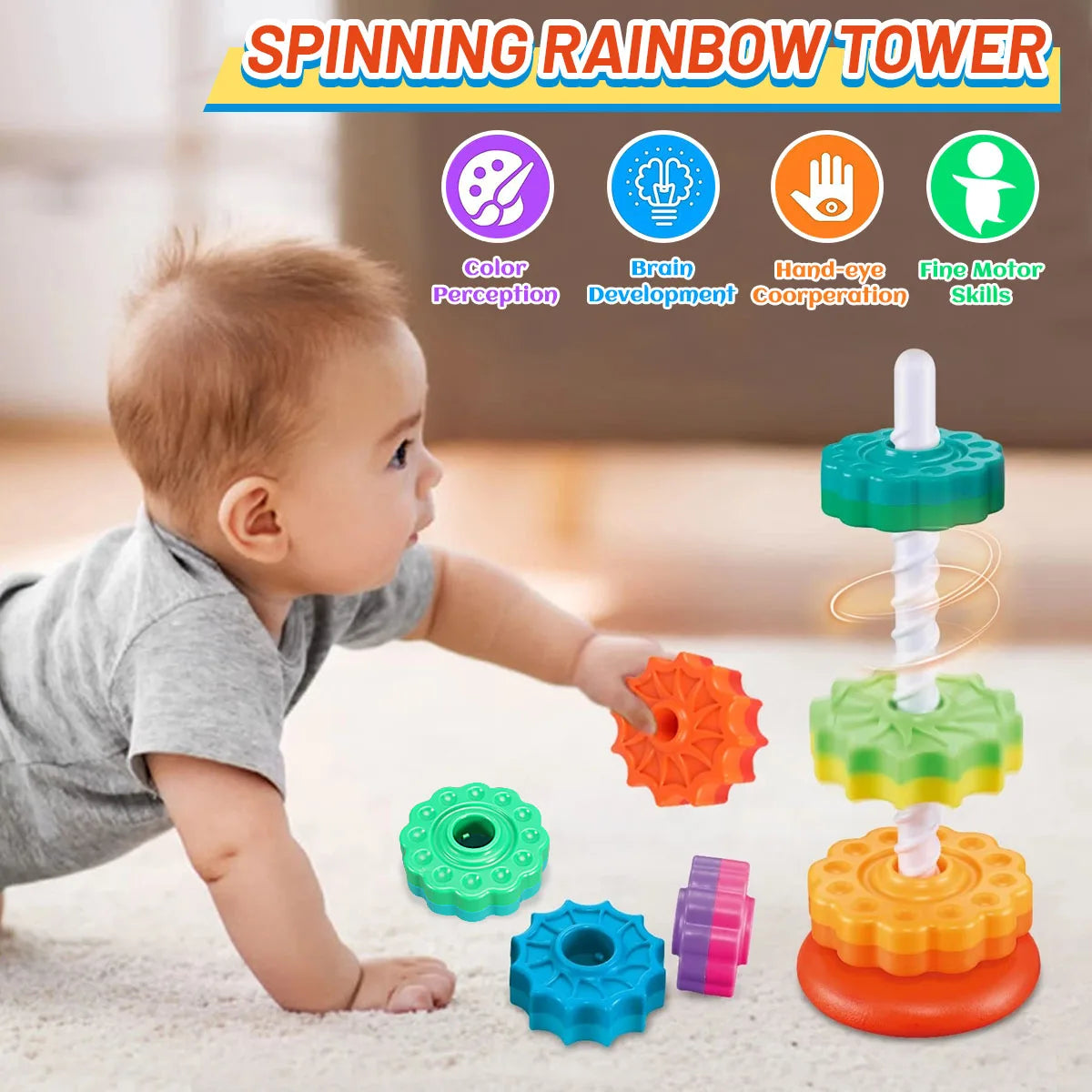 Montessori Rotating Rainbow Tower Baby Stacking Puzzle Toys Safety and Environmental Protection Colored Children'S Toys