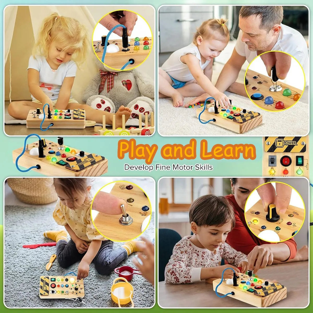 Montessori Busy Board Sensory Toys Wooden with LED Light Switch Control Board Travel Activities Children Games for 2-4 Years Old