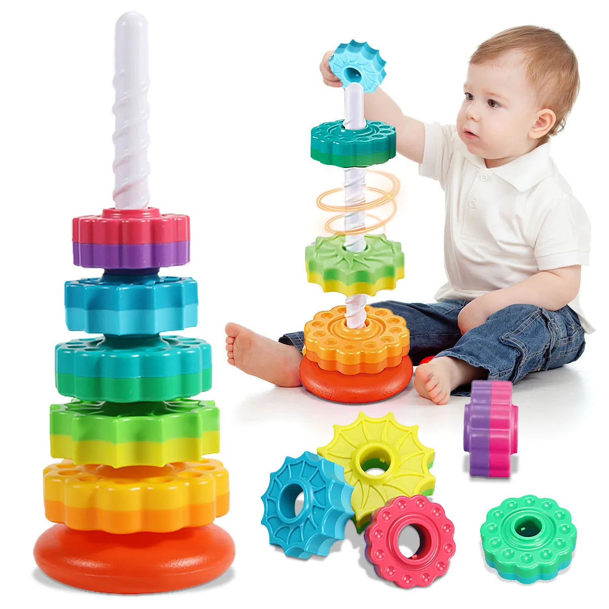 Montessori Rotating Rainbow Tower Baby Stacking Puzzle Toys Safety and Environmental Protection Colored Children'S Toys